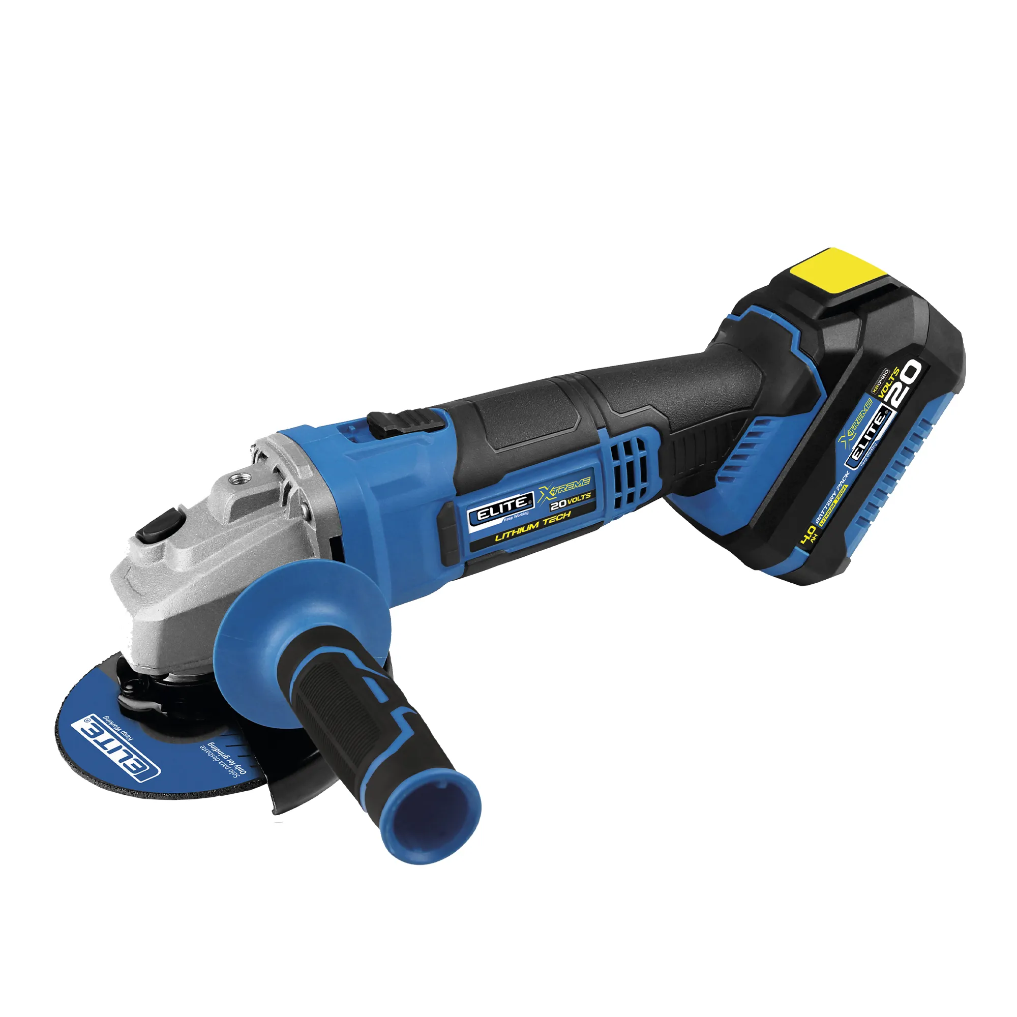 Esmeriladora inalámbrica 4-1/2 pulg, 20V, 10.000 RPM ELITE con Batería, Cargador, Estuche Plástico, Mango Auxiliar, Guarda Disco y Llave de ajuste
